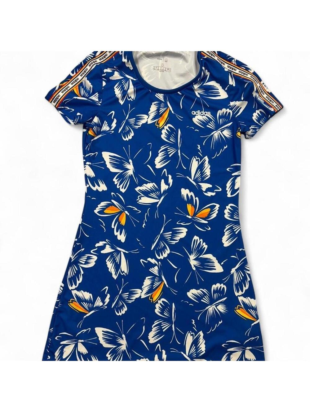 Adidas Blue Butterfly Print T-Shirt Dress Rainbow Tape Stripe Y2K Size S
